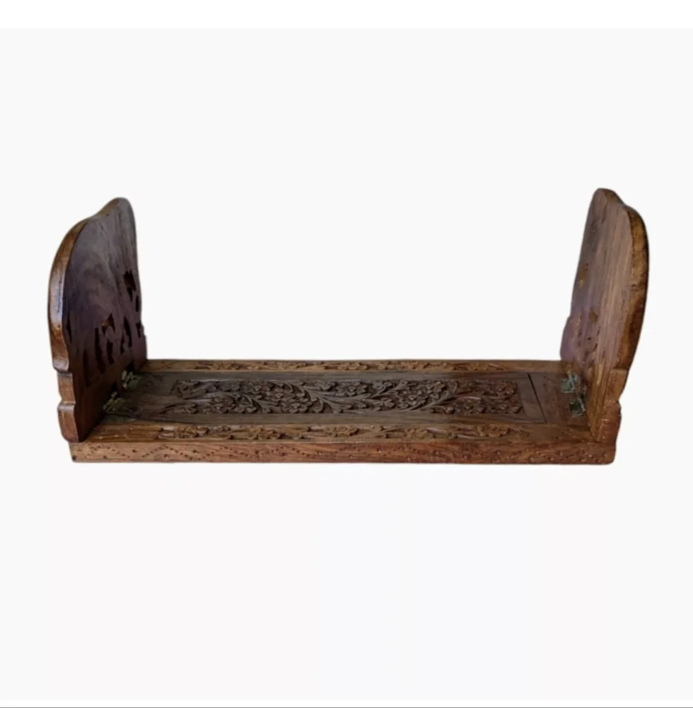 Vtg Ornate Handcarved Elephant Wood Slide Expandable Bookrack Ends Shelf India - Picture 4 of 16